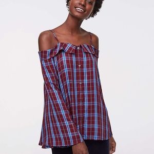 NWT LOFT Plaid Shoulder Bell Sleeve Button Top XL